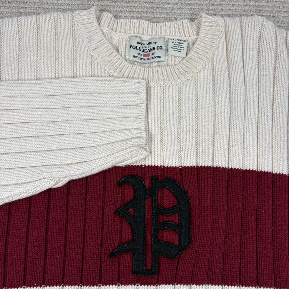 Polo Jeans Co Sweater Mens XXL Cream Red Vintage 90s Preppy Gorpcore VTG